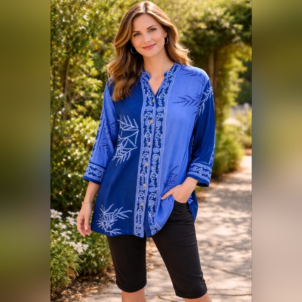 Soft Surroundings Women's 3/4 Sleeves Tunic Top Button Down Palm Spring Blue Lg